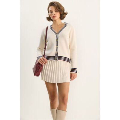 Bianco Lucci Gestreiftes V-Ausschnitt Knopf-Cardigan und Rock-Set Creme S/M Bianco Lucci Gestreiftes V-Ausschnitt Knopf-Cardigan und Rock-Set Creme S/M