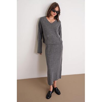 Mixray V-Ausschnitt Strickpullover und -rock Set Dunkelgrau M/L Mixray V-Ausschnitt Strickpullover und -rock Set Dunkelgrau M/L