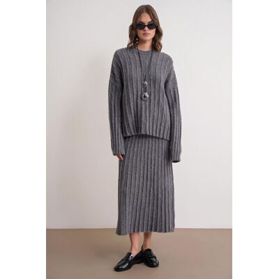 Mixray Strukturiertes Oversized-Pullover und Rock Strick-Koordinationsset Dunkelgrau Einheitsgröße Mixray Strukturiertes Oversized-Pullover und Rock Strick-Koordinationsset Dunkelgrau Einheitsgröße