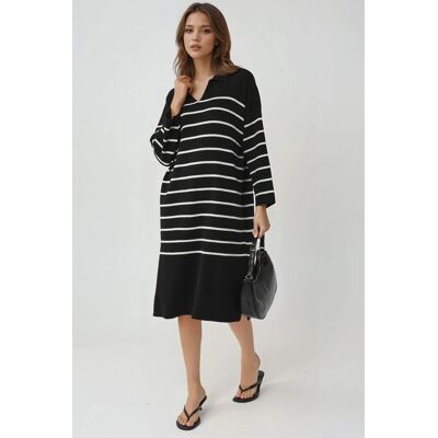 MyFashion Gestreiftes V-Ausschnitt Midi-Strickkleid mit lockerer Passform und Schlitz Schwarz Einheitsgröße MyFashion Gestreiftes V-Ausschnitt Midi-Strickkleid mit lockerer Passform und Schlitz Schwarz Einheitsgröße