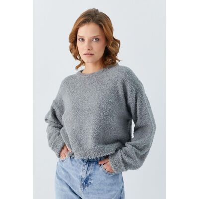 Mixray Plüschstrukturierter Crop-Strickpullover Grau S/M Mixray Plüschstrukturierter Crop-Strickpullover Grau S/M