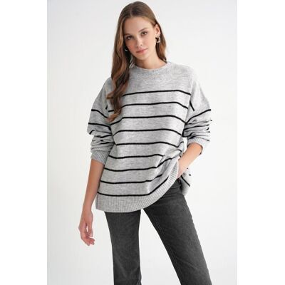 Mixray Gestreifter Rundhalsausschnitt entspannter Strickpullover Grau S/M Mixray Gestreifter Rundhalsausschnitt entspannter Strickpullover Grau S/M