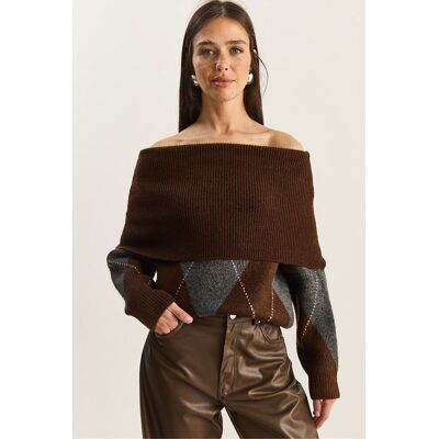 Bianco Lucci Madonna-Kragen Strickpullover mit Baklava-Muster Natürlich Einheitsgröße Bianco Lucci Madonna-Kragen Strickpullover mit Baklava-Muster Natürlich Einheitsgröße