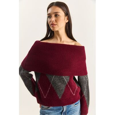 Bianco Lucci Madonna-Kragen Strickpullover mit Baklava-Muster Natürlich Einheitsgröße Bianco Lucci Madonna-Kragen Strickpullover mit Baklava-Muster Natürlich Einheitsgröße