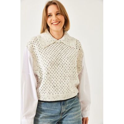 Bianco Lucci Strickcropped Pullover mit Hemdkragen Beige S/M Bianco Lucci Strickcropped Pullover mit Hemdkragen Beige S/M