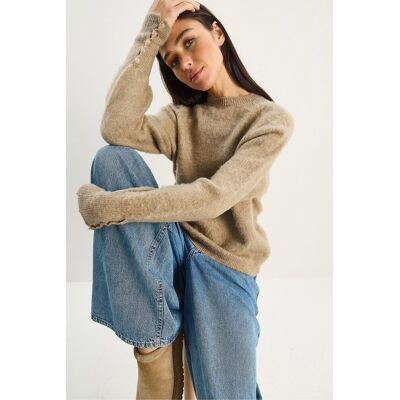 Bianco Lucci Pullover mit Knopfdetails an den Ärmelbündchen Beige S/M Bianco Lucci Pullover mit Knopfdetails an den Ärmelbündchen Beige S/M