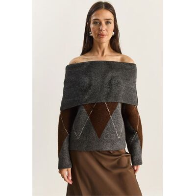 Bianco Lucci Madonna Kragen Strickpullover mit Baklava-Muster Braun Einheitsgröße Bianco Lucci Madonna Kragen Strickpullover mit Baklava-Muster Braun Einheitsgröße