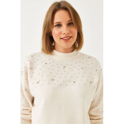 Bianco Lucci Strukturierter bestickter Rundhalsausschnitt-Pullover Beige S/M Bianco Lucci Strukturierter bestickter Rundhalsausschnitt-Pullover Beige S/M