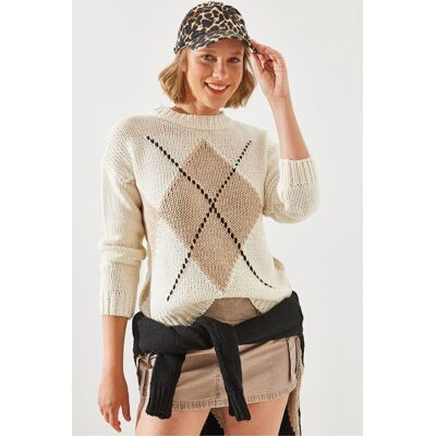 Bianco Lucci Geometrisches Muster Strickpullover mit Rundhalsausschnitt Beige S/M Bianco Lucci Geometrisches Muster Strickpullover mit Rundhalsausschnitt Beige S/M