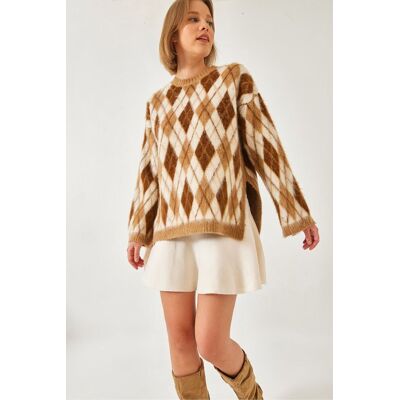 Bianco Lucci Crewneck Strickpullover mit Schlitz im Baklava-Muster Beige S/M Bianco Lucci Crewneck Strickpullover mit Schlitz im Baklava-Muster Beige S/M