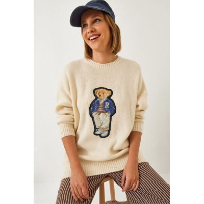 Bianco Lucci Bestickter Übergroßer Rundhalsausschnitt-Pullover Beige S/M Bianco Lucci Bestickter Übergroßer Rundhalsausschnitt-Pullover Beige S/M