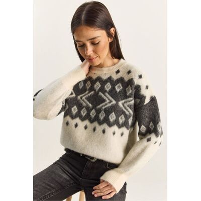 Bianco Lucci Ethnisches Muster Dickes Strickpullover mit Rundhalsausschnitt Grau Einheitsgröße Bianco Lucci Ethnisches Muster Dickes Strickpullover mit Rundhalsausschnitt Grau Einheitsgröße