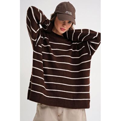 Mixray Gestreifter Rundhals-Lockerer Strickpullover Braun S/M Mixray Gestreifter Rundhals-Lockerer Strickpullover Braun S/M