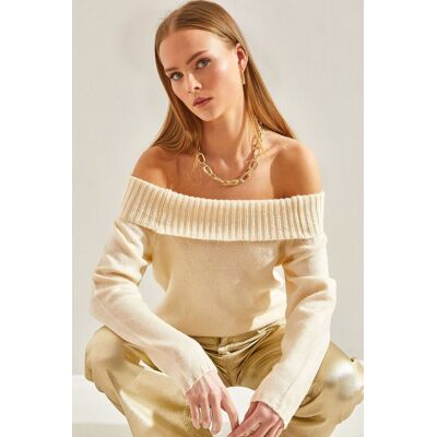 Bianco Lucci Strickpullover mit Madonna-Kragen aus strukturiertem Material Beige S/M Bianco Lucci Strickpullover mit Madonna-Kragen aus strukturiertem Material Beige S/M