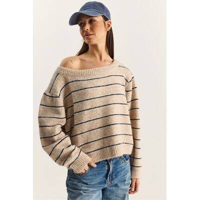 Bianco Lucci Übergröße gestreifter Strickpullover mit asymmetrischem Kragen Natürlich Einheitsgröße Bianco Lucci Übergröße gestreifter Strickpullover mit asymmetrischem Kragen Natürlich Einheitsgröße