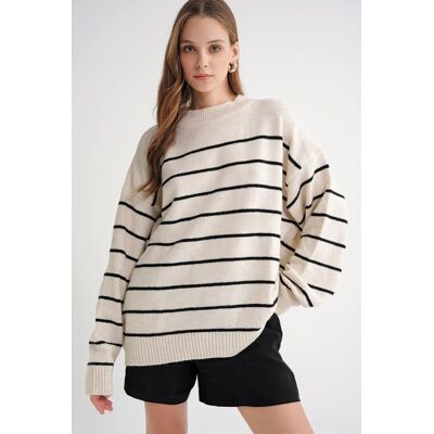Mixray Gestreifter Rundhals Relaxed Strickpullover Natürlich S/M Mixray Gestreifter Rundhals Relaxed Strickpullover Natürlich S/M