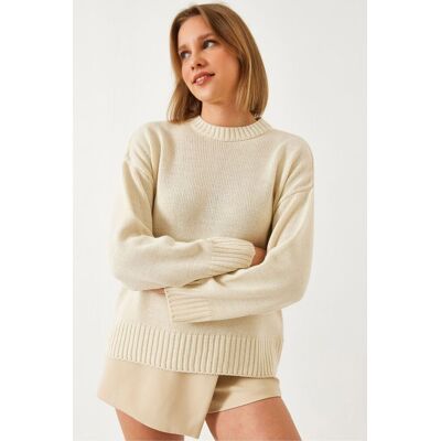 Bianco Lucci Lässiger Pullover mit Rundhalsausschnitt und Rippenstruktur Beige S/M Bianco Lucci Lässiger Pullover mit Rundhalsausschnitt und Rippenstruktur Beige S/M