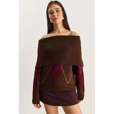 Bianco Lucci Madonna-Kragen Strickpullover mit Baklava-Muster Natürlich Einheitsgröße Bianco Lucci Madonna-Kragen Strickpullover mit Baklava-Muster Natürlich Einheitsgröße