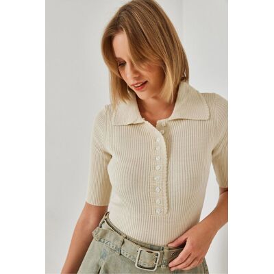Bianco Lucci Rippstrick Kurzarm-Strickpullover Beige S/M Bianco Lucci Rippstrick Kurzarm-Strickpullover Beige S/M