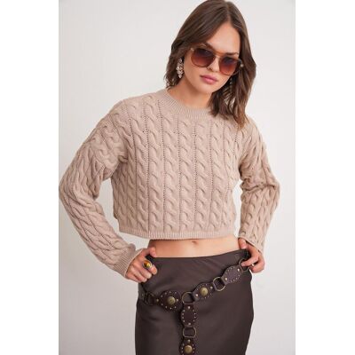 Mixray Kabelstrickmuster Rundhals-Pullover Beige S/M Mixray Kabelstrickmuster Rundhals-Pullover Beige S/M