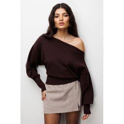 Mixray Boote-Ausschnitt Ballonärmel Lässiger Strickpullover Braun Einheitsgröße Mixray Boote-Ausschnitt Ballonärmel Lässiger Strickpullover Braun Einheitsgröße