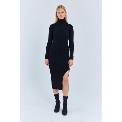 Mixray Turtleneck Midi Strickkleid mit Schlitz Schwarz M/L Mixray Turtleneck Midi Strickkleid mit Schlitz Schwarz M/L