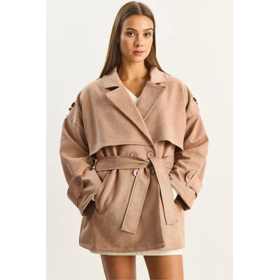 Bianco Lucci Oversize Kunstwildleder-Trenchcoat Beige S Bianco Lucci Oversize Kunstwildleder-Trenchcoat Beige S