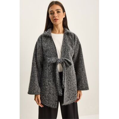 Bianco Lucci Strukturiertes Oversized V-Ausschnitt Cardigan mit Bindegürtel Grau M Bianco Lucci Strukturiertes Oversized V-Ausschnitt Cardigan mit Bindegürtel Grau M
