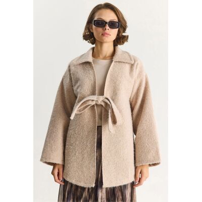 Bianco Lucci Strukturierter Oversized V-Ausschnitt Cardigan mit Krawattenverschluss Beige M Bianco Lucci Strukturierter Oversized V-Ausschnitt Cardigan mit Krawattenverschluss Beige M