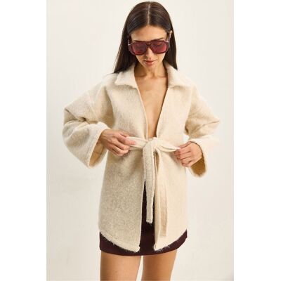 Bianco Lucci Strukturierter Übergroßer V-Ausschnitt Cardigan mit Bindeband Elfenbein M Bianco Lucci Strukturierter Übergroßer V-Ausschnitt Cardigan mit Bindeband Elfenbein M