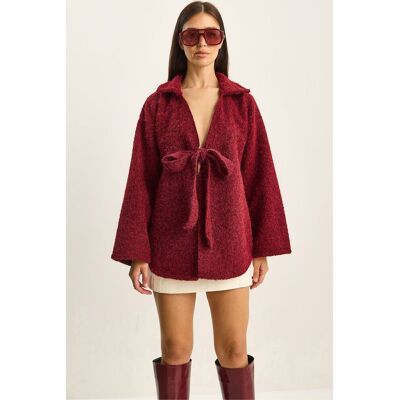 Bianco Lucci Strukturiertes Oversized V-Ausschnitt Cardigan mit Krawattenverschluss Burgund M Bianco Lucci Strukturiertes Oversized V-Ausschnitt Cardigan mit Krawattenverschluss Burgund M