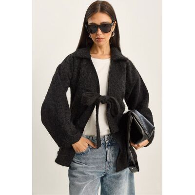 Bianco Lucci Strukturierter Übergroßer V-Ausschnitt Cardigan mit Bindegürtel Schwarz L Bianco Lucci Strukturierter Übergroßer V-Ausschnitt Cardigan mit Bindegürtel Schwarz L