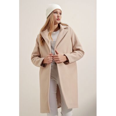 Big Dart Geknöpfter langer Mantel mit Taschen Beige L Big Dart Geknöpfter langer Mantel mit Taschen Beige L