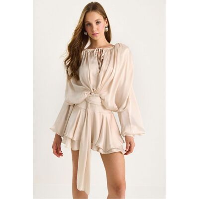 Bianco Lucci Satin-Krawatten-Hals Ballonärmel Mini-Kleid mit Gürtel-Detail Beige S Bianco Lucci Satin-Krawatten-Hals Ballonärmel Mini-Kleid mit Gürtel-Detail Beige S