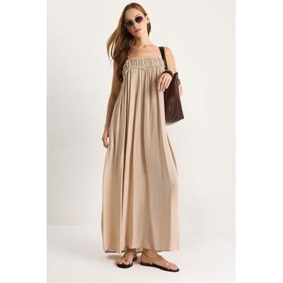 Bianco Lucci Besticktes Maxikleid mit quadratischem Kragen Beige M Bianco Lucci Besticktes Maxikleid mit quadratischem Kragen Beige M