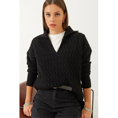 Bianco Lucci Lässiger Pullover mit strukturiertem V-Ausschnitt Schwarz S/M Bianco Lucci Lässiger Pullover mit strukturiertem V-Ausschnitt Schwarz S/M