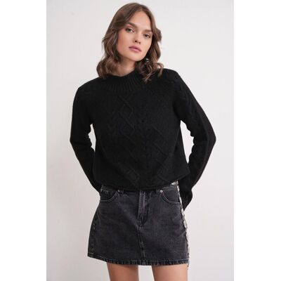Mixray Rippstrick-Pullover mit Argyle-Muster und halbem Stehkragen Schwarz S/M Mixray Rippstrick-Pullover mit Argyle-Muster und halbem Stehkragen Schwarz S/M