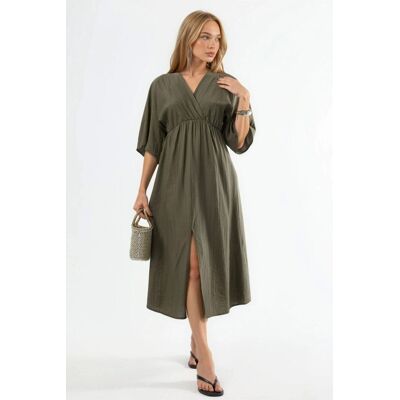 Busem V-Ausschnitt Midi Wickelkleid mit Dreiviertelärmeln Khaki M Busem V-Ausschnitt Midi Wickelkleid mit Dreiviertelärmeln Khaki M