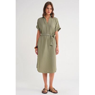 Mixray Gürtel-Midi-Kleid mit kurzen Ärmeln Khaki M Mixray Gürtel-Midi-Kleid mit kurzen Ärmeln Khaki M