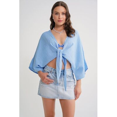 Mixray Strukturierte V-Ausschnitt Bolero Bluse Hellblau M Mixray Strukturierte V-Ausschnitt Bolero Bluse Hellblau M