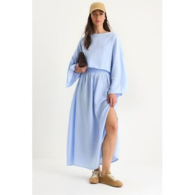 Bianco Lucci Strukturierte Bluse mit Rundhalsausschnitt und Rock-Set Hellblau M Bianco Lucci Strukturierte Bluse mit Rundhalsausschnitt und Rock-Set Hellblau M