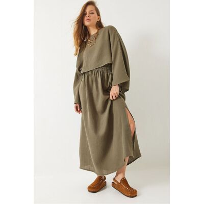 Bianco Lucci Strukturierte Bluse mit Rundhalsausschnitt und Rock-Set Khaki M Bianco Lucci Strukturierte Bluse mit Rundhalsausschnitt und Rock-Set Khaki M