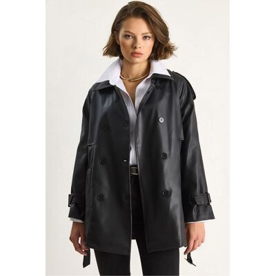 Bianco Lucci Doppelreihiger Trenchcoat aus Kunstleder Schwarz M Bianco Lucci Doppelreihiger Trenchcoat aus Kunstleder Schwarz M
