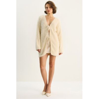 Bianco Lucci Texturierter V-Ausschnitt Midi-Cardigan mit Bindebandverschluss Creme S/M Bianco Lucci Texturierter V-Ausschnitt Midi-Cardigan mit Bindebandverschluss Creme S/M