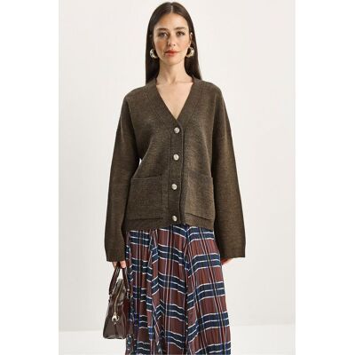 Bianco Lucci Dicke Rippstrick-V-Ausschnitt-Strickjacke mit Knopfverschluss Braun S/M Bianco Lucci Dicke Rippstrick-V-Ausschnitt-Strickjacke mit Knopfverschluss Braun S/M