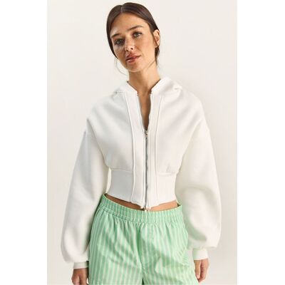 Bianco Lucci Kapuzensweatshirt im Slim Fit mit Rippstrick und cropped Länge Weiß L Bianco Lucci Kapuzensweatshirt im Slim Fit mit Rippstrick und cropped Länge Weiß L