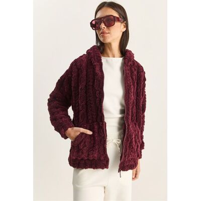 Bianco Lucci Häkelstrick-Cardigan mit Kapuze und Reißverschluss Lila S Bianco Lucci Häkelstrick-Cardigan mit Kapuze und Reißverschluss Lila S
