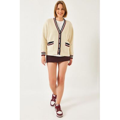 Bianco Lucci Gemusterter V-Ausschnitt Rippstrick-Cardigan mit Taschen Beige S/M Bianco Lucci Gemusterter V-Ausschnitt Rippstrick-Cardigan mit Taschen Beige S/M