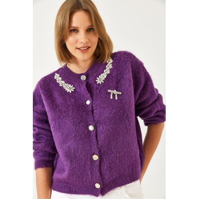 Bianco Lucci Verzierter Rundhalsausschnitt Langarm-Cardigan Lila S/M Bianco Lucci Verzierter Rundhalsausschnitt Langarm-Cardigan Lila S/M