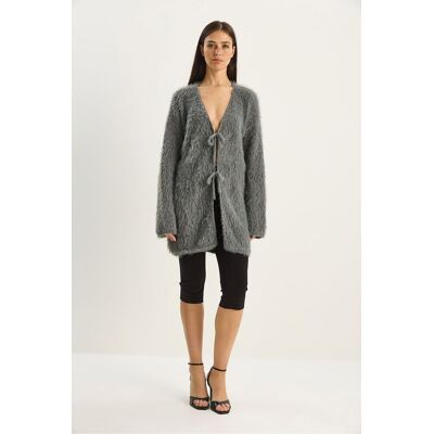 Bianco Lucci Strukturierter V-Ausschnitt Midi-Cardigan mit Bindebandverschluss Grau S/M Bianco Lucci Strukturierter V-Ausschnitt Midi-Cardigan mit Bindebandverschluss Grau S/M